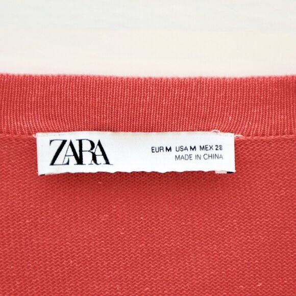 Zara Size M Tunic Split Neck Fine Knit Blouse Orange Blouson Sleeve - Picture 9 of 10